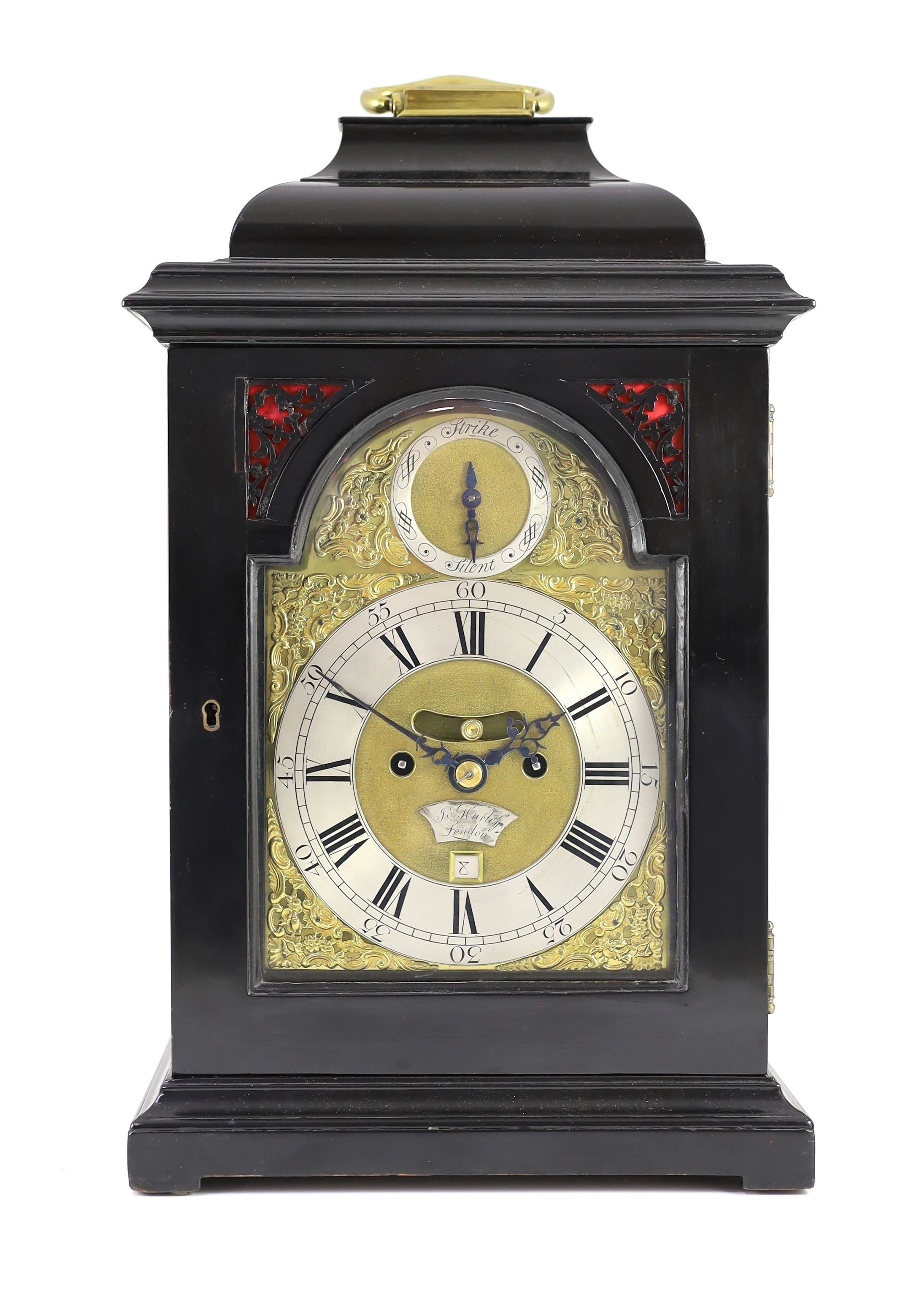 Isaac of Hurley of London. A George III ebonised eight day hour repeating bracket clock, width 28cm, depth 18cm, height 47cm